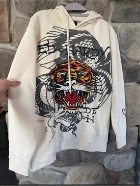 Ed Hardy Cream Hoodie with Multicolor Tiger Graphic